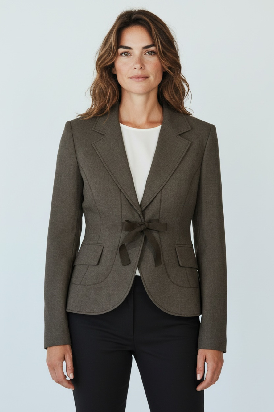 Alain Manoukian Gray Blazer Jacket with Front Tie Bow Notch Lapel Size US 8